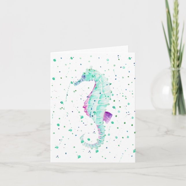 Teal and Purple Seahorse Blank Note Card (Front)