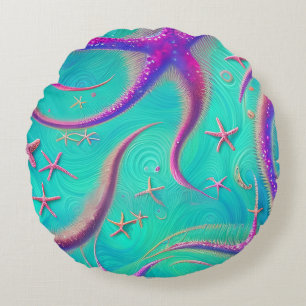 Teal and Purple Starfish Beach Themed Round Pillow