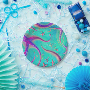 Teal and Purple Starfish Beachy Paper Plate