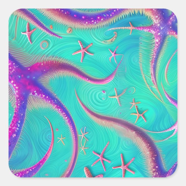  Teal and Purple Starfish Beachy  Square Sticker (Front)