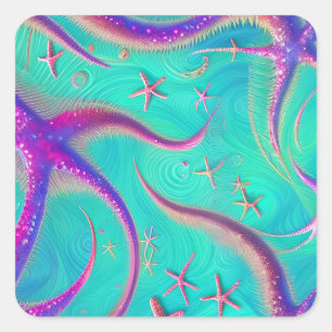  Teal and Purple Starfish Beachy  Square Sticker