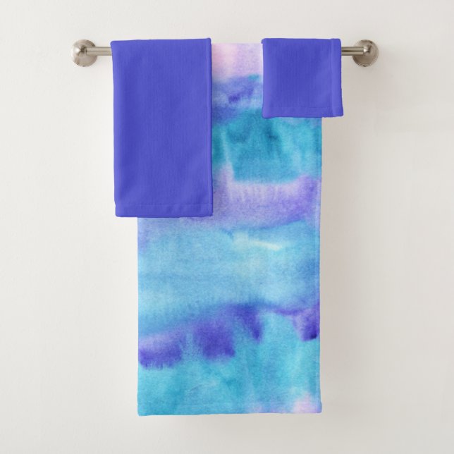 Teal and Purple Watercolor Design #1 | Bath Towel Set (Insitu)
