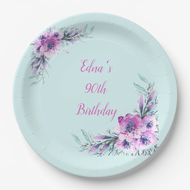 Teal and Purple Watercolor Flowers 90th Paper Plate (Front)