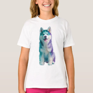 Teal and Purple Watercolor Husky Kids T-Shirt