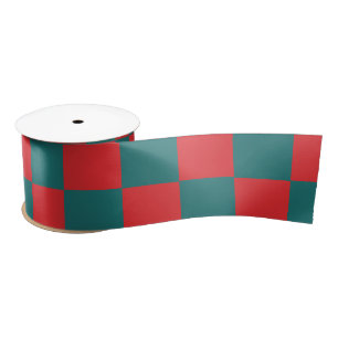 Teal and red chequerboard blocks  satin ribbon