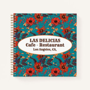 Teal and Red Floral Local Cafe Restaurant Recipe Notebook