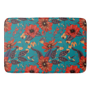 Teal and Red Floral Pattern Bath Mat