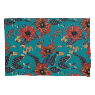 Teal and Red Floral Pattern Pillowcase
