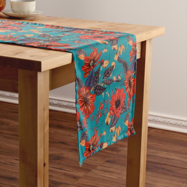 Teal and Red Floral Pattern Short Table Runner (In Situ)