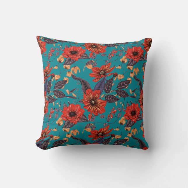 Teal and Red Floral Pattern Throw Pillow (Front)