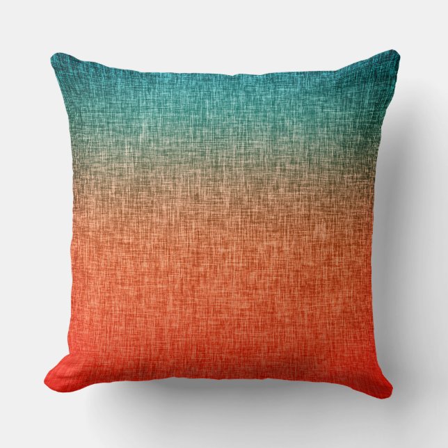 Teal and Red Orange Abstract Ombre Crosshatch Throw Pillow (Front)
