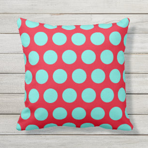 Teal and Red Polka Dots Square Outdoor Pillow