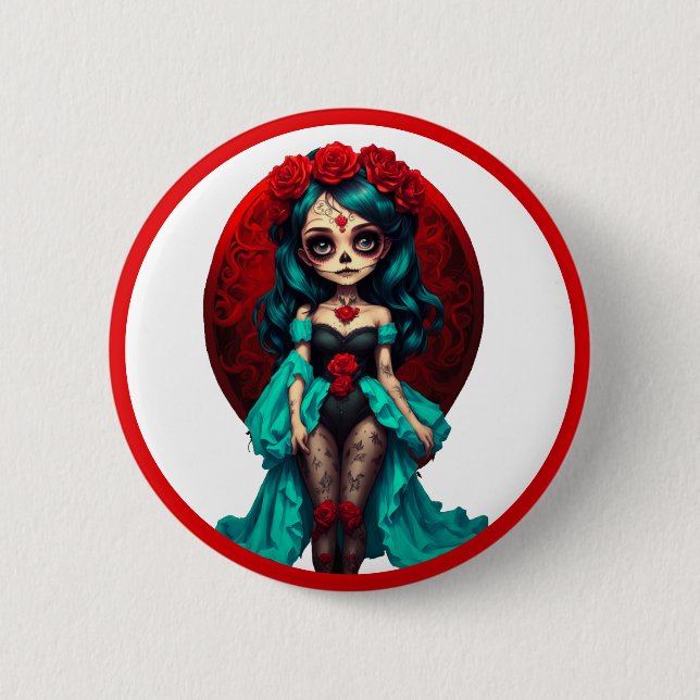 Teal and Red Roses Sugar Skulls Button (Front)