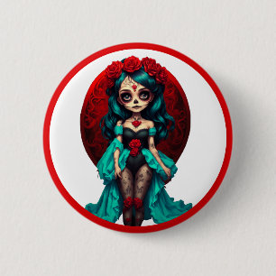 Teal and Red Roses Sugar Skulls Button