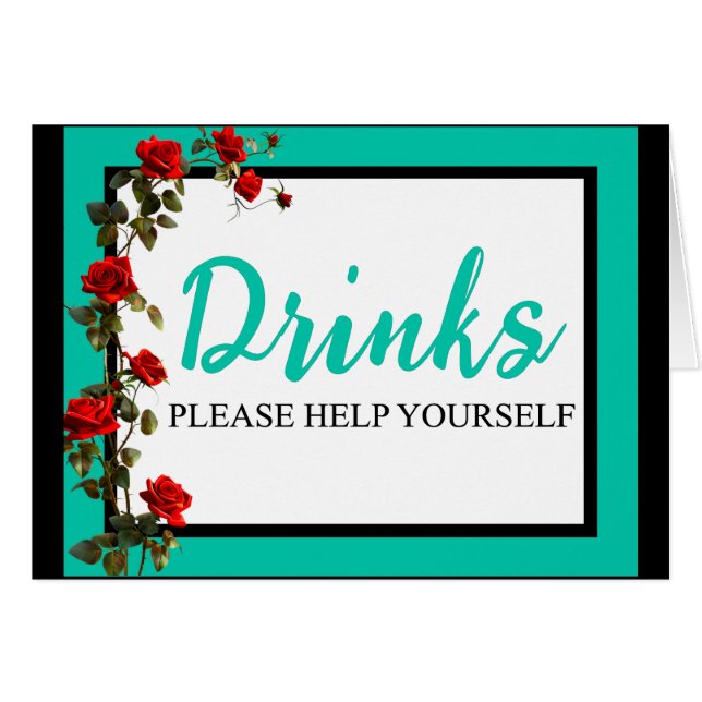 Teal and Red Roses Sugar Skulls Drinks Card (Front Horizontal)