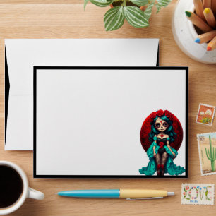Teal and Red Roses Sugar Skulls Envelope