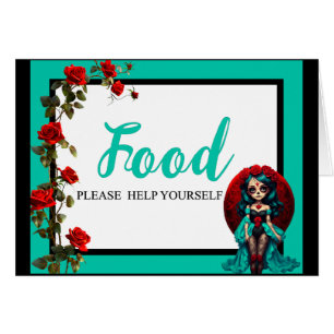 Teal and Red Roses Sugar Skulls Food Card