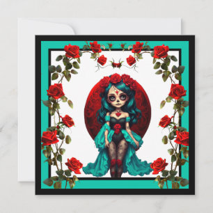 Teal and Red Roses Sugar Skulls Holiday Card