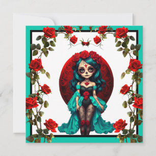 Teal and Red Roses Sugar Skulls Holiday Card