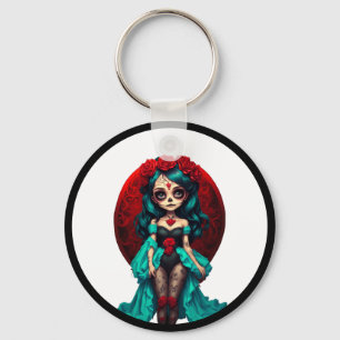 Teal and Red Roses Sugar Skulls Keychain