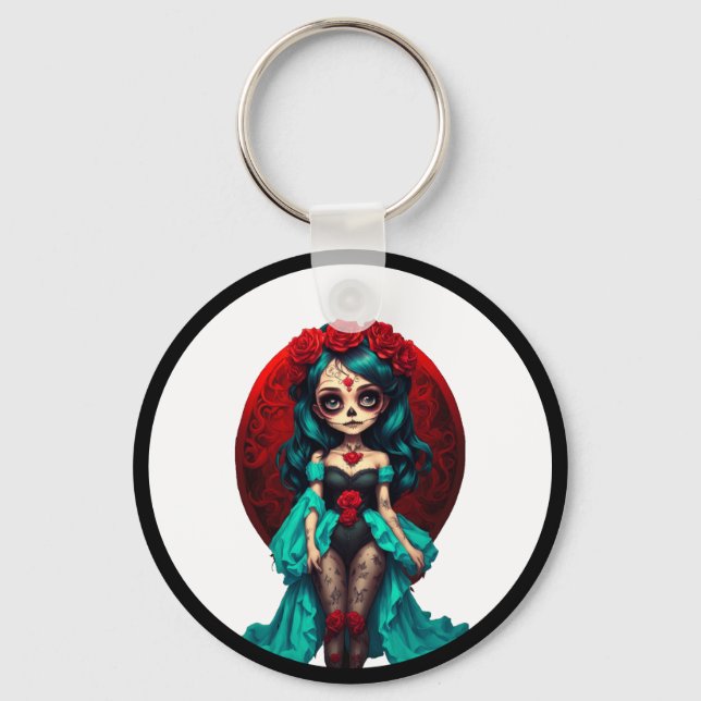 Teal and Red Roses Sugar Skulls Keychain (Front)