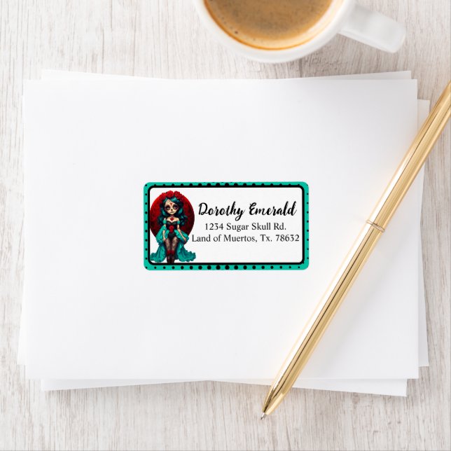 Teal and Red Roses Sugar Skulls Label (Insitu)