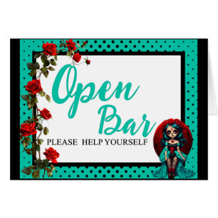 Teal and Red Roses Sugar Skulls Open Bar Card