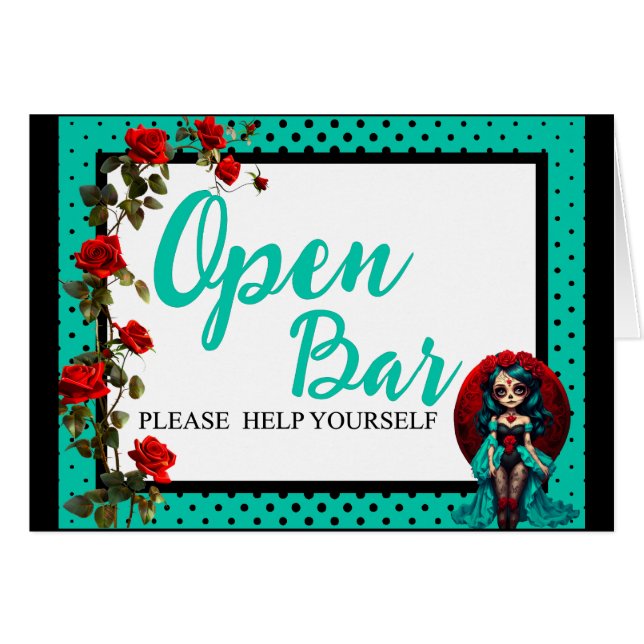 Teal and Red Roses Sugar Skulls Open Bar Card (Front Horizontal)