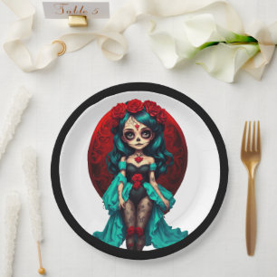 Teal and Red Roses Sugar Skulls   Paper Plate