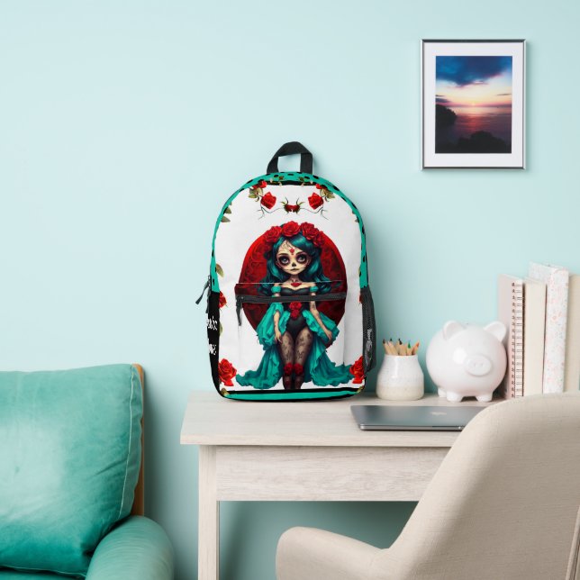 Teal and Red Roses Sugar Skulls Printed Backpack (Insitu)