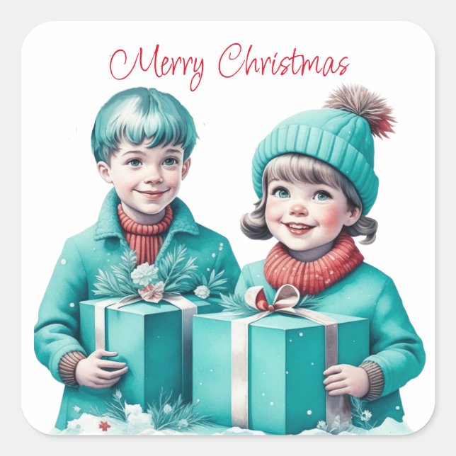 Teal and Red Vintage Merry Christmas Square Sticker (Front)
