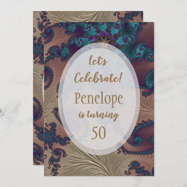 Teal and Rose Gold Feathery Fractal 50th Birthday Invitation (Front/Back)