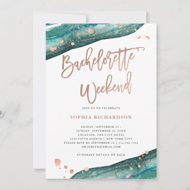 Teal and Rose Gold Geode Bachelorette Weekend Invitation (Front)