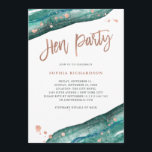 Teal and Rose Gold Geode Hen Party with Itinerary Invitation<br><div class="desc">These elegant,  modern hen party invitations feature watercolor teal geode stones,  with faux rose gold typography and splashes. Add your itinerary to the back.</div>