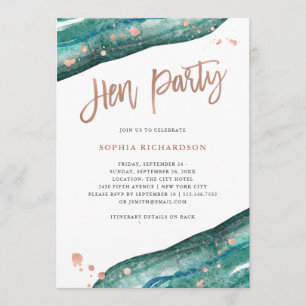 Teal and Rose Gold Geode Hen Party with Itinerary Invitation