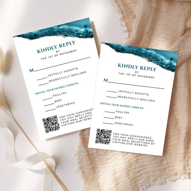 Teal and Silver Agate Bat Mitzvah QR Code Vertical RSVP Card (Teal and Silver Agate Vertical Reply Card)