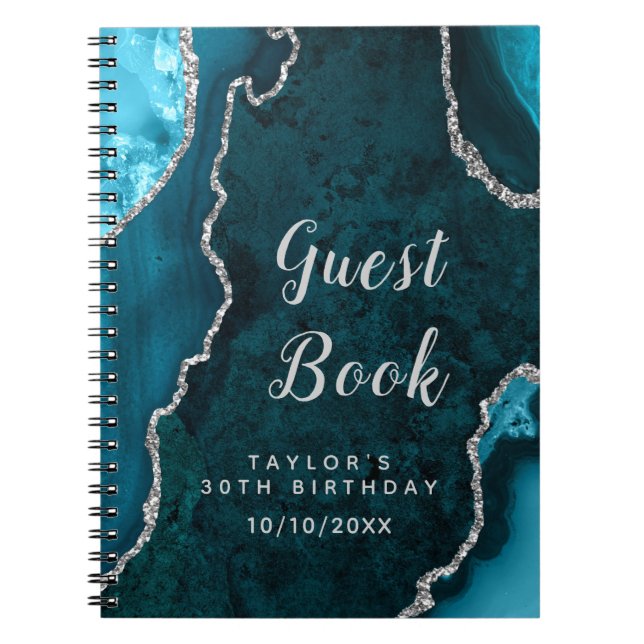 Teal and Silver Agate Birthday Guest Book (Front)