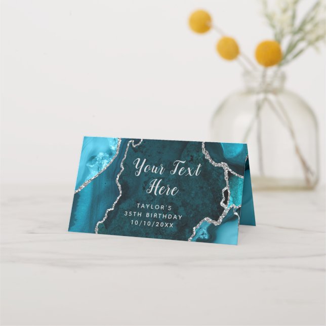 Teal and Silver Agate Marble Birthday Place Card (Front)