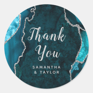 Teal and Silver Agate Marble Thank You Wedding Classic Round Sticker