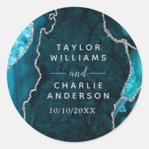 Teal and Silver Agate Marble Wedding Classic Round Sticker