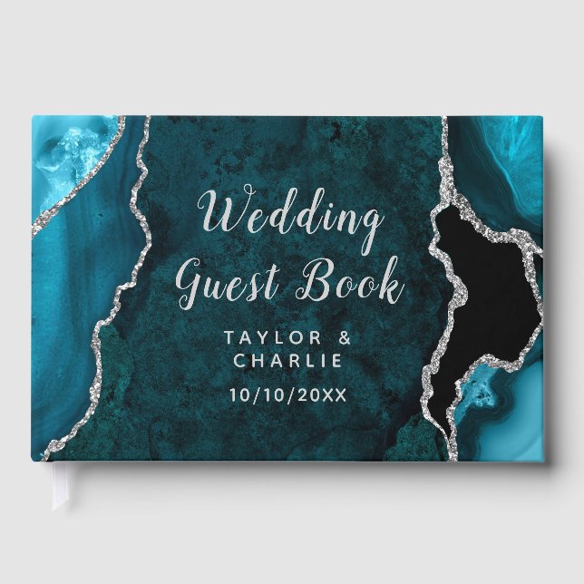 Teal and Silver Agate Marble Wedding Guest Book (Front)