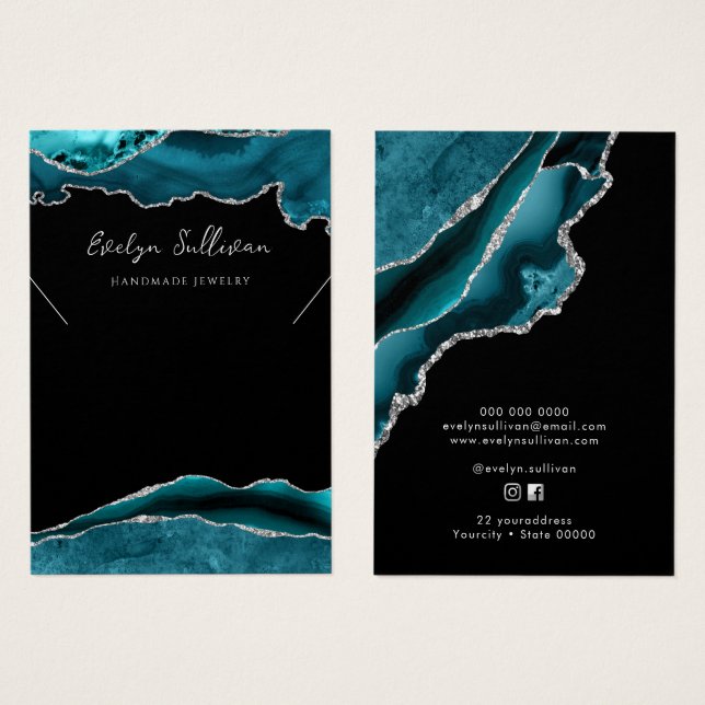 Teal and silver agate necklace display card (Front & Back)