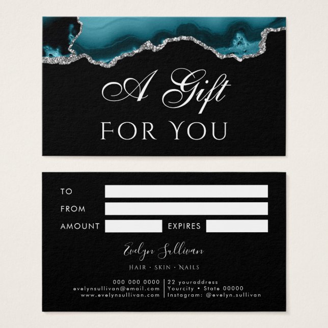 Teal and Silver Agate on Black Gift Card (Front & Back)