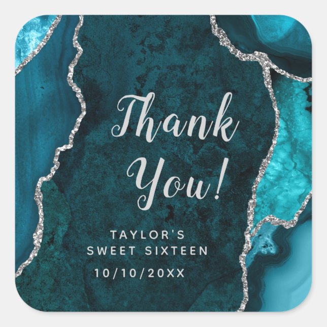 Teal and Silver Agate Sweet Sixteen Thank You Square Sticker (Front)