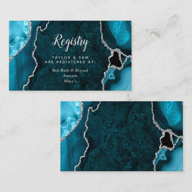 Teal and Silver Agate Wedding Registry Enclosure Card (Front/Back)