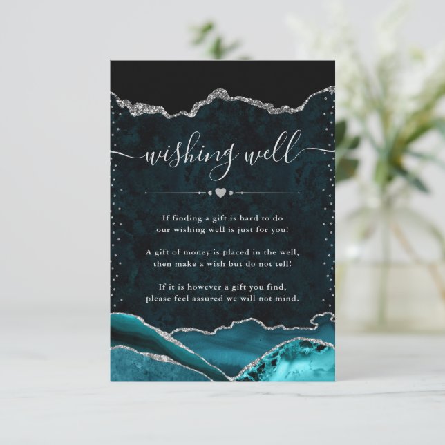 Teal and Silver Agate Wedding Wishing Well Enclosure Card (Standing Front)
