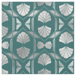 Teal and Silver Art Deco Shell Pattern Fabric