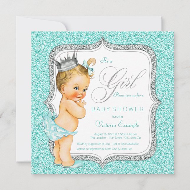 Teal and Silver Baby Girl Shower Invitation (Front)