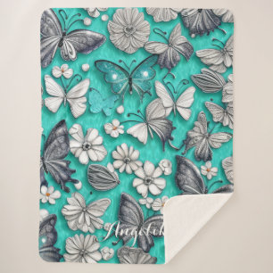Teal and Silver Butterflies Personalized Name Sherpa Blanket