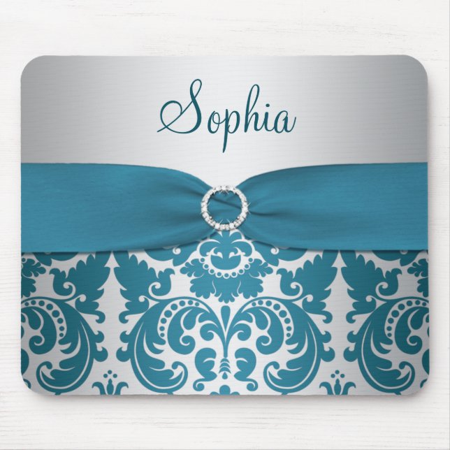 Teal and Silver Damask Mousepad (Front)